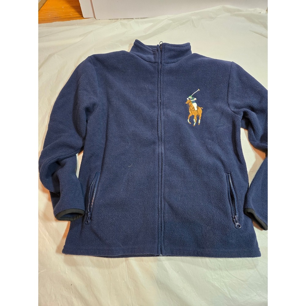Vintage Polo Ralph Lauren Big Pony Fleece Jacket Navy Blue Full Zip Boys L 16/18